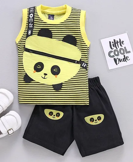 Jb Club Sleeveless Panda Patch Detailing Tee & Shorts Set - Yellow & Black