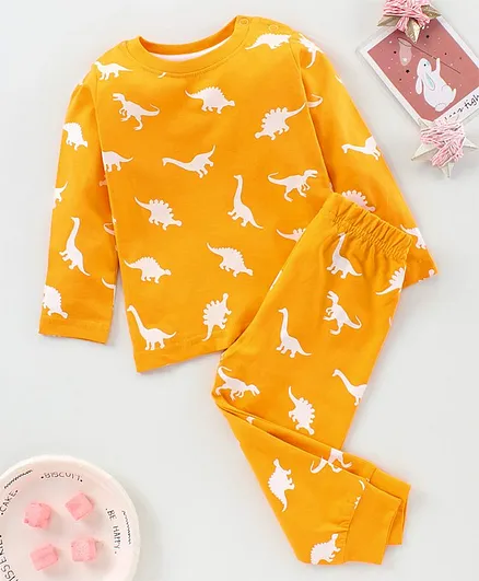 Babyhug Full Sleeves Night Suit Dino Print - Yellow