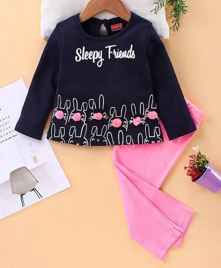 Babyhug Full Sleeves Night Suit Bunny Print - Blue Pink