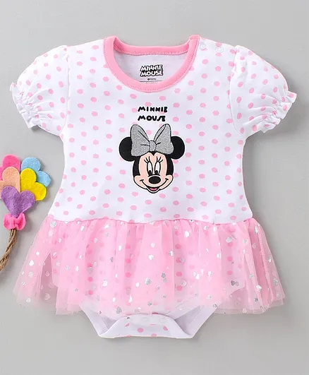 Babyhug Short Sleeves Frock Style Onesie Minnie Mouse Print - Pink