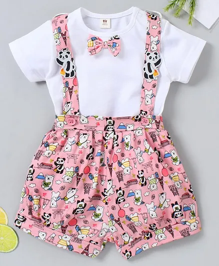 ToffyHouse Half Sleeves Tee with Shorts & Suspender Animal Print - Pink