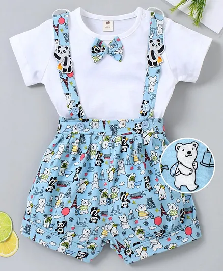 ToffyHouse Half Sleeves Tee with Shorts & Suspender Animal Print - Blue