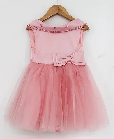 Woonie Sleeveless Pearl Detailing Neckline Dress - Peach