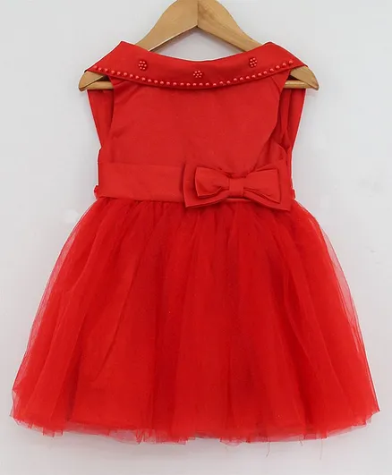 Woonie Sleeveless Pearl Detailing Neckline Dress - Red
