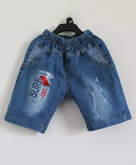 Woonie Text Embroidered Denim Shorts - Blue