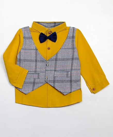 Woonie Full Sleeves Checked Waistcoat Attached Shirt - Yellow