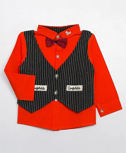 Woonie Full Sleeves Striped Waistcoat Attached Shirt - Orange
