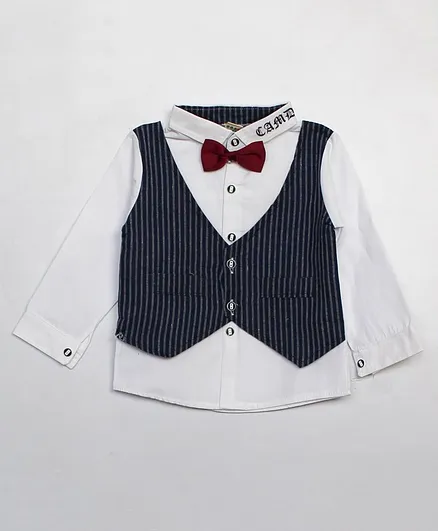 Woonie Full Sleeves Striped Waistcoat Attached Shirt - White