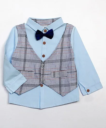 Woonie Full Sleeves Checked Waistcoat Attached Shirt - Blue