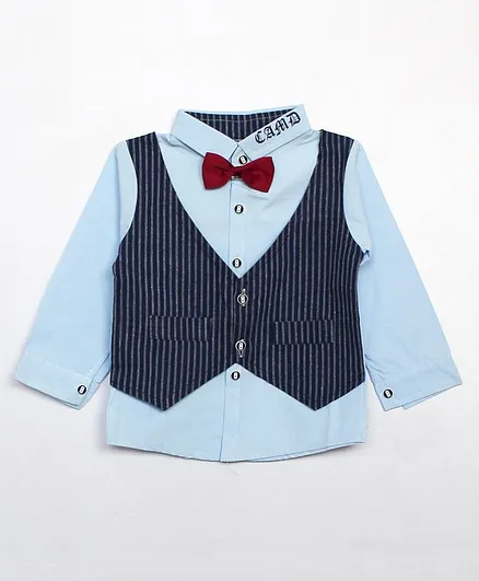 Woonie Full Sleeves Striped Waistcoat Attached Shirt - Blue