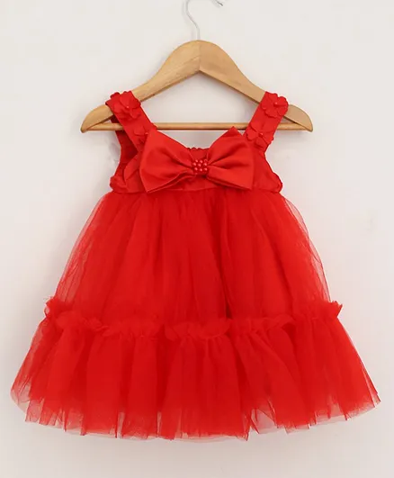 Woonie Sleeveless Bow Embellished Dress - Red