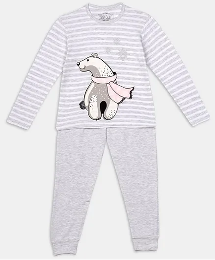 Nap Chief Full Sleeves Snuggle Bear Print Striped Night Suit - Grey