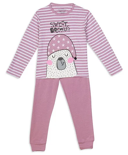 Nap Chief Sweet Dreams Full Sleeves Bear Print Night Suit - Purple