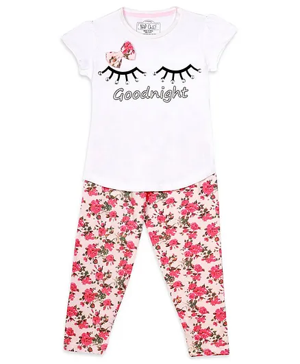Nap Chief Short Sleeves Good Night & Flower Print Night Suit - White