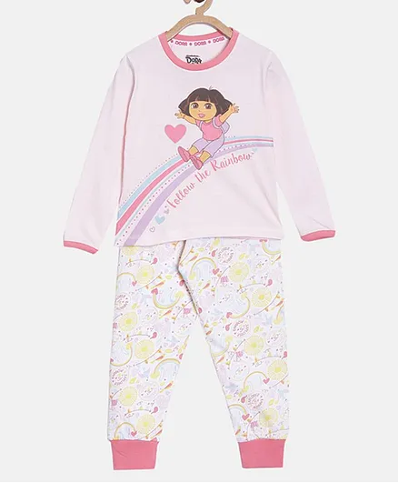 Nap Chief Dora Rainbow Print Full Sleeves Organic Cotton Night Suit - Pink