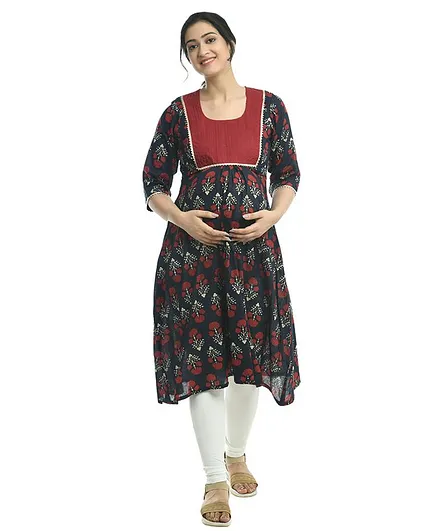 Mometernity Three Fourth Sleeves Floral Print Maternity Kurta - Navy Blue