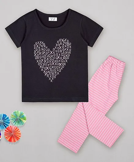 Sheer Love Short Sleeves Heart Print Night Suit - Black