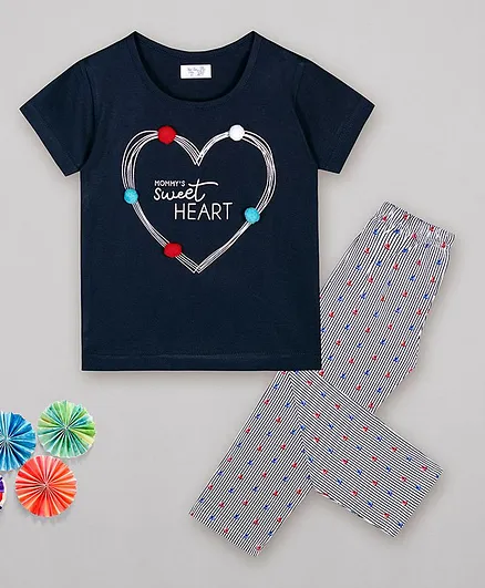 Sheer Love Mommy's Sweet Heart Print Half Sleeves Night Suit - Blue