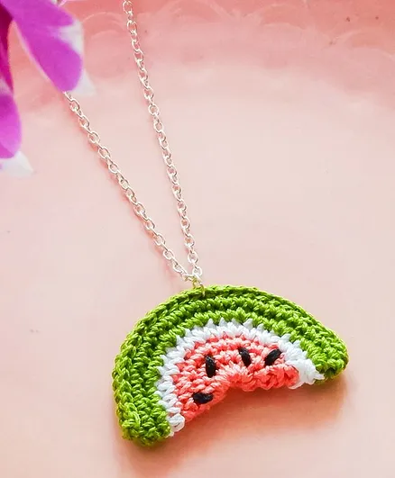 Bobbles & Scallops Crochet Watermelon Necklace - Peach & Green