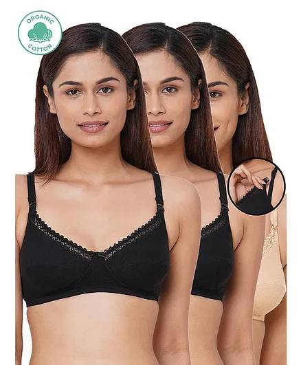 Inner Sense Pack Of 3 Organic Cotton Antimicrobial Lace Detailing Nursing Bra - Multi Colour