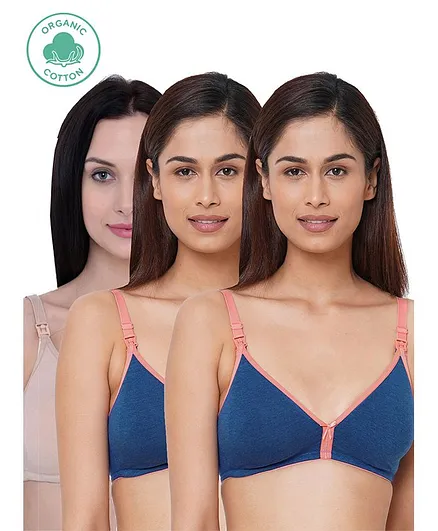 Inner Sense Pack Of 3 Organic Cotton Antimicrobial Solid Colour Nursing Bra - Blue & Beige