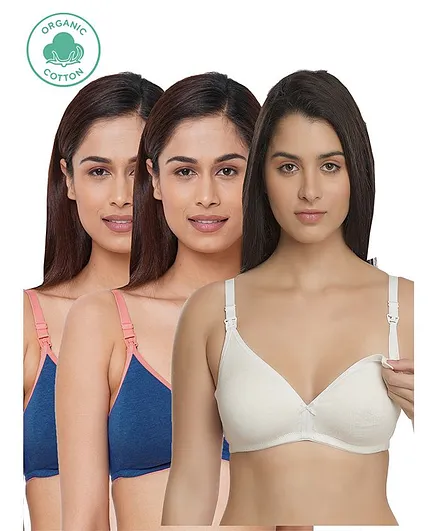 Inner Sense Pack Of 3 Organic Cotton Antimicrobial Solid Colour Nursing Bra - Blue & White