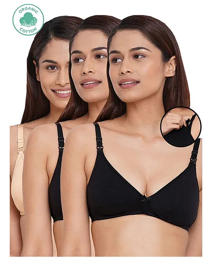 Inner Sense Pack Of 3 Organic Cotton Antimicrobial Solid Nursing Bra - Multi Colour