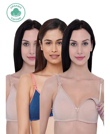 Inner Sense Pack Of 3 Organic Cotton Antimicrobial Solid Nursing Bra - Multi Colour