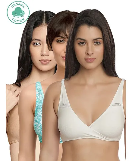Inner Sense Pack Of 3 Floral Design Organic Cotton Antimicrobial Sleeping & Feeding Bra - Multi Color