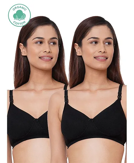 Inner Sense Pack Of 2 Solid Organic Cotton Antimicrobial Padded Non Wired Feeding Bra - Black