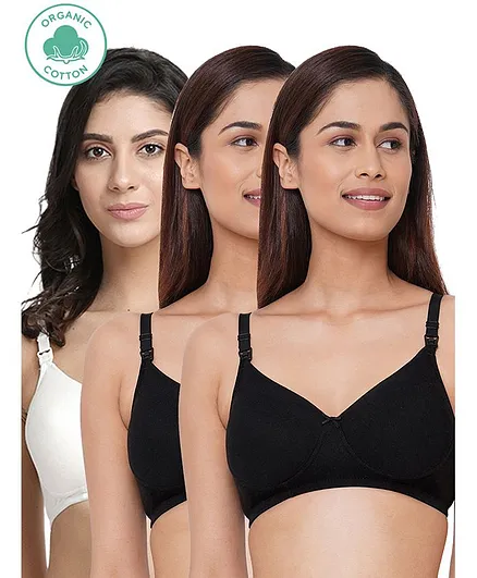 Inner Sense Pack Of 3 Solid Organic Cotton Antimicrobial Padded Non Wired Feeding Bra - Black