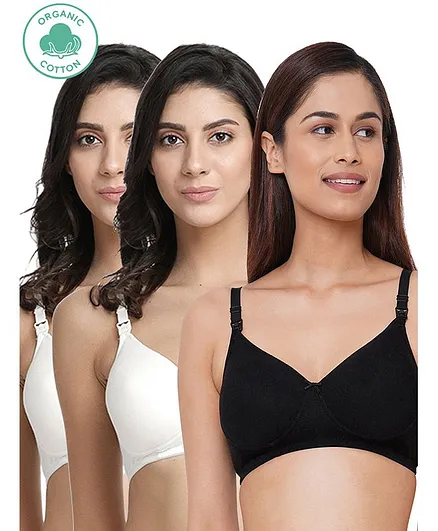 Inner Sense Pack Of 3 Solid Organic Cotton Antimicrobial Padded Non Wired Feeding Bra - White