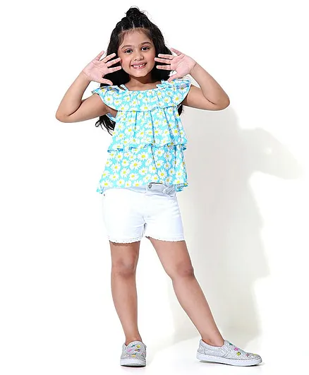 Babyhug Sleeveless Top and Shorts Set - White Blue