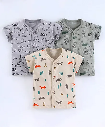 Doreme Half Sleeves Vests Multiprint Pack of 3 - Grey Cream
