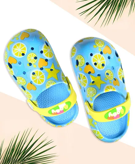 Yellow Bee Fruit & Star Print Clogs - Blue