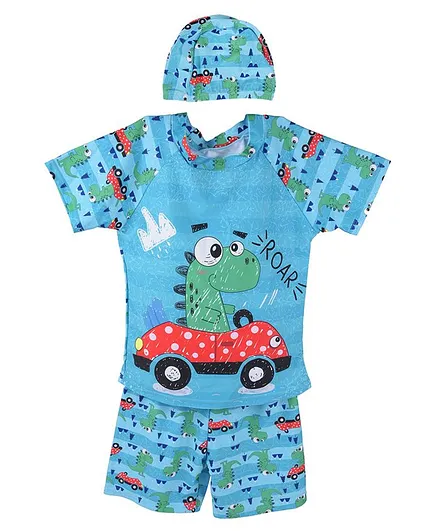 Yellow Bee Half Sleeves Dino Print Swimsuit With Cap - Multi