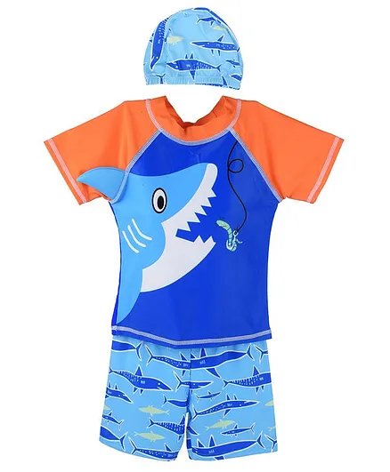 Yellow Bee Half Sleeves Shark Print Swimsuit With Cap - Blue Orange