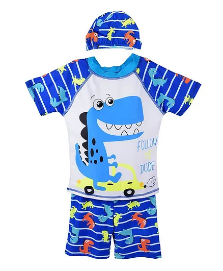 Yellow Bee Half Sleeves Dinosaur Print Swimsuit With Cap - Blue White
