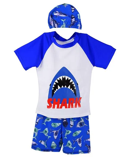 Yellow Bee Half Sleeves Shark Print Swimsuit With Cap - Blue White