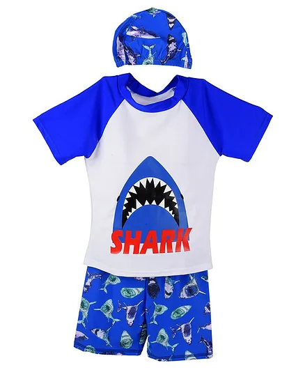 Yellow Bee Half Sleeves Shark Print Swimsuit With Cap - Blue White