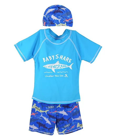 Yellow Bee Half Sleeves Shark Print Swimsuit with Cap - Blue