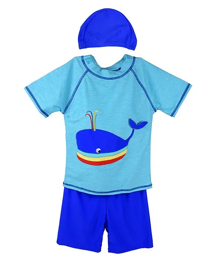 Yellow Bee Half Sleeves Whale Print Swimsuit With Cap - Blue