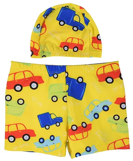 Yellow Bee Car Print Trunks With Cap - Yellow
