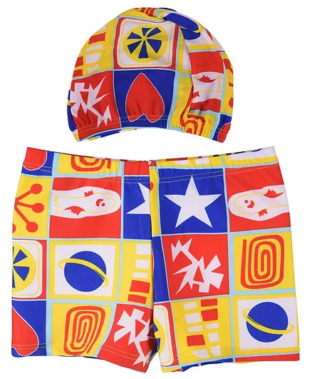 Yellow Bee Star Print Trunks With Cap - Multi Color