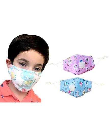 The Little Lookers Reusable & Washable Anti Pollution Face Mask PM 2.5 with Breathing Valve Blue - Pack of 2 (Print May Vary))