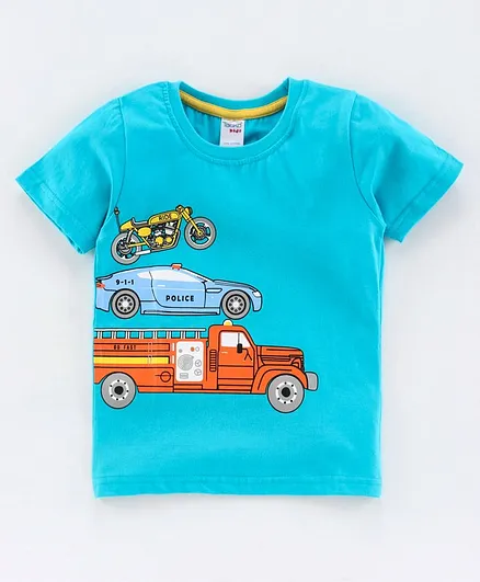 Taeko Half Sleeves Tee Vehicle Print - Blue