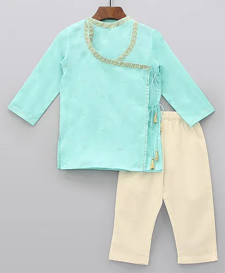Keebee Organic Cotton Angrakha Style Embroidered Kurta With Pajama - Blue