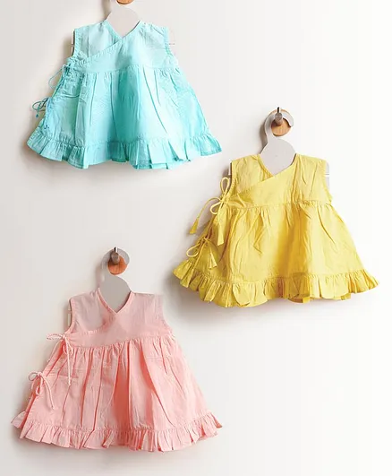 Keebee Organic Cotton Solid Sleeveless Pack Of 3 Dresses - Multi Color