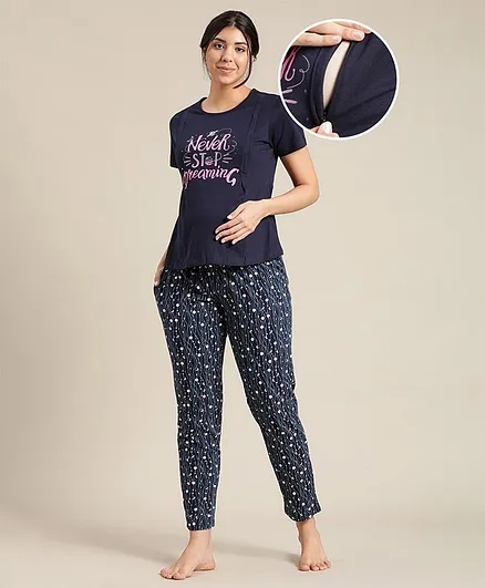 Bella Mama Half Sleeves Maternity Night Suit - Blue