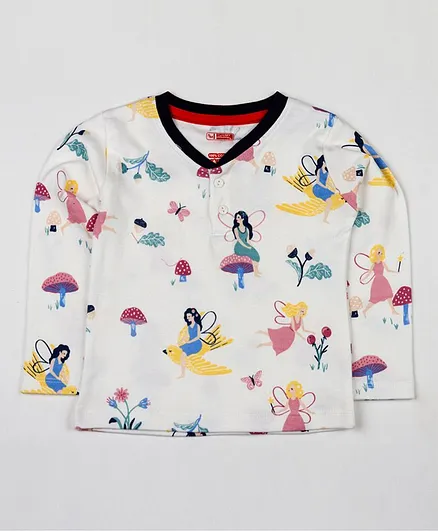SWANKY ME Full Sleeves Angels Printed T-Shirt - Cream